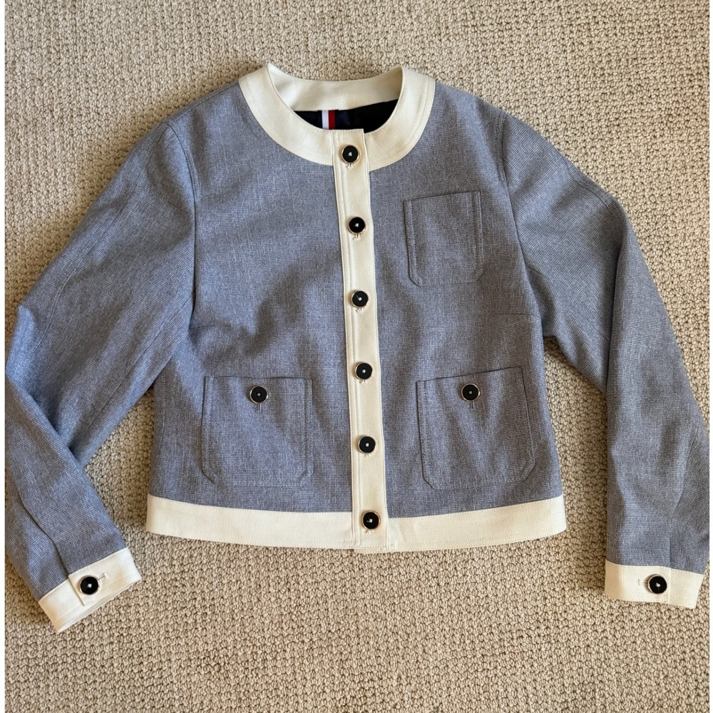 Tommy Hilfiger Jacket‎ Womens Size 4 Blue Contrast Collarless Button Up Career